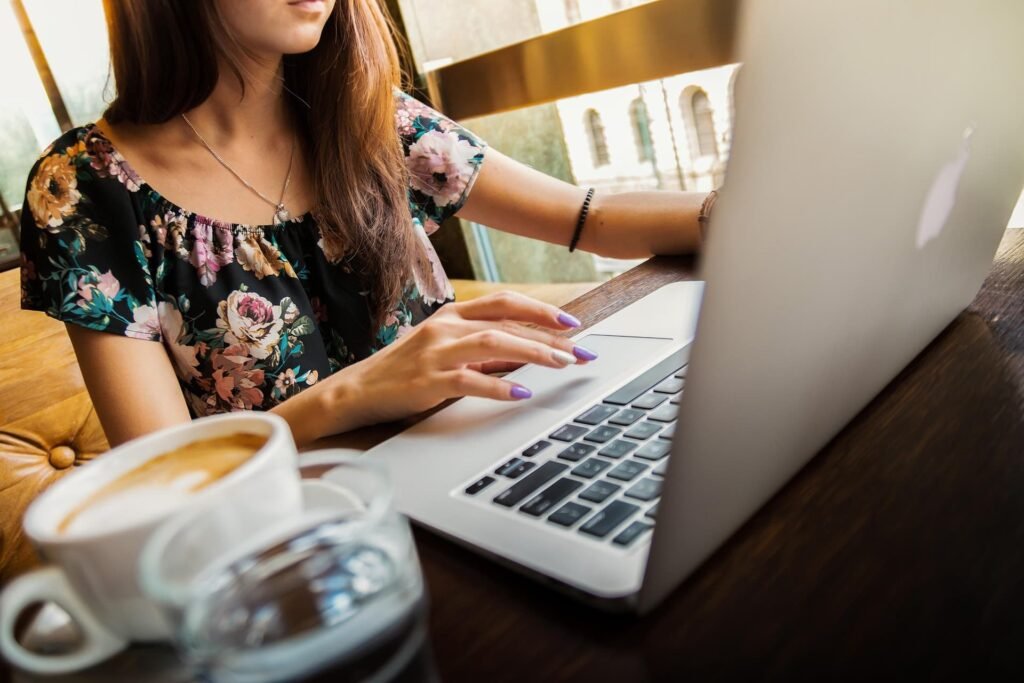 Woman researching med spa options on laptop using AI search tools like Perplexity